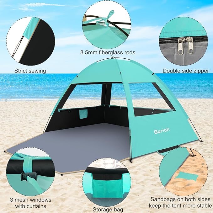 Gorich Beach Tent Sun Shelter for 3/4-5/6-7/8-10 Person with UPF 50ï¼?UV Protection, Lightweight & Easy Setup Beach Shade Canopy, Portable Beach Shade Tent Beach Cabana