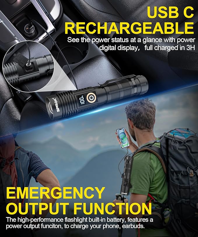 Rechargeable Flashlight High Lumens-Super Bright Magnetic Flash Light with Power Digital Display, Long Range,Dimmable,Waterproof,Pocket Handheld Tactical LED Flashlights for Emergency