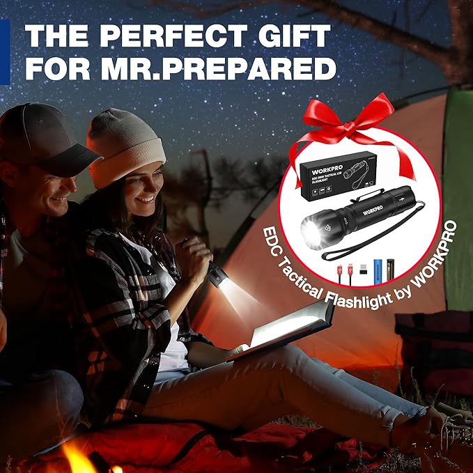 WORKPRO 1200LM Rechargeable Tactical Flashlight, EDC Mini Flashlight, Pocket Flashlight with Clip & Lanyard, 7 Light Modes, Zoomable Adjustable Focus, Includes Lithium Battery & Alkaline Battery