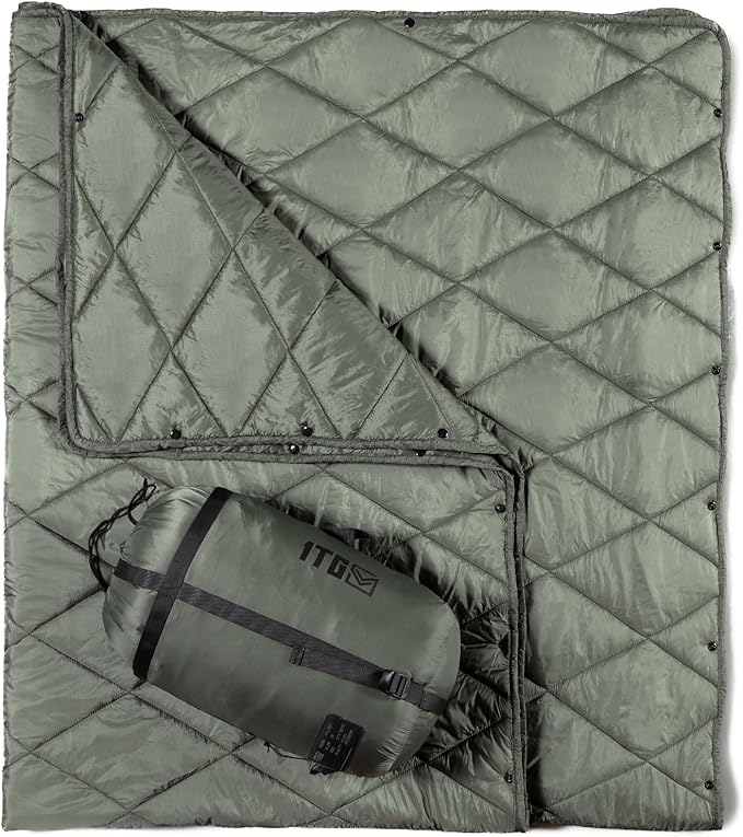Camping Blanket - Packable, Ultra Warm and Lightweight with Snap Button Backpacking Quilt Water-Resistant, for Sleeping, Outdoors, Travel - Large/Olive Green