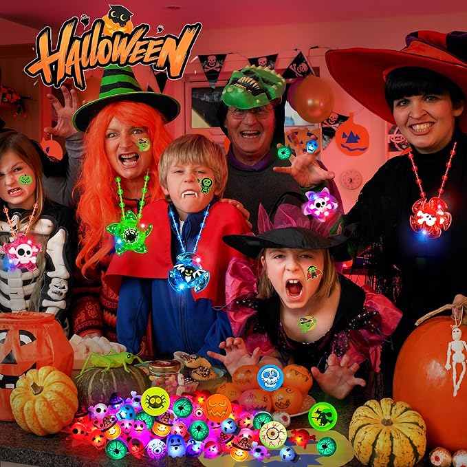 90 PCS Halloween Party Favors for Kids, Glow in The Dark Halloween Toys Bulk Light Up Necklace Bracelet LED Rings Halloween Goodie Bag Fillers Treats for Classroom Prizes Trick or Treat Gift