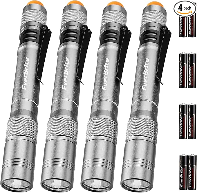 EverBrite Pen Light, 100LM Pocket Flashlights, Aluminum LED Pen Flashlights with Clip, 8 AAA Batteries Included, Pocket Flashlight for Camping, Emergency, Mechanic, Pack of 4, Gray