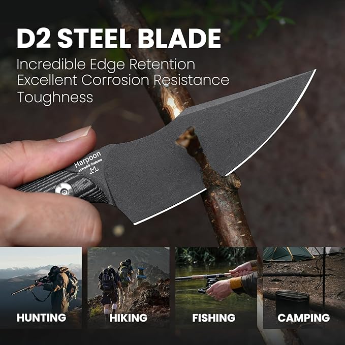 Kizer Harpoon Fixed Blade Knife, D2 Blade with Black Micarta Handle Hunting Knives, EDC Fixed Blade Knife with Sheath, for Hunting Hiking Camping 1040A1