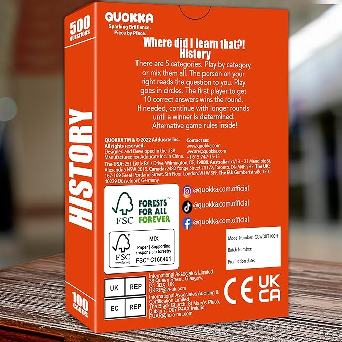 QUOKKA Trivia Card Game with 500 Questions in History ??Trivia Games for Adults, Teens, and Families ??Trivia Cards with Answers ??Great Board Games Trivia for Family Party and Game Night