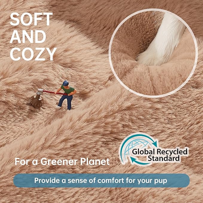 OhGeni 36 inches Calming Donut Orthopedic Dog & Cat Bed for Large Pets, Warming Comfort Fluffy Short Pile Fur, Durable Waterproof Machine Washable Removable Cover, Cute Round Bed for Puppy, Camel