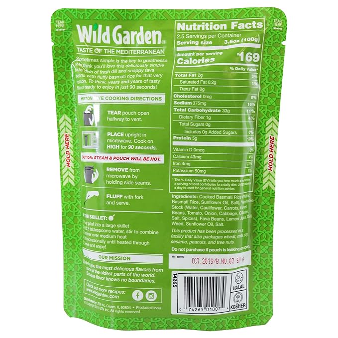 Wild Garden Heat and Serve Pilaf, Dill & Fava, Fully Cooked, Ready to Eat, Microwavable, 8.8 oz
