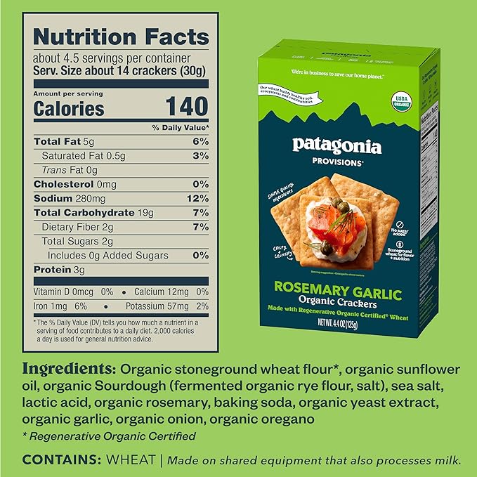 Patagonia Provisions Organic Rosemary Garlic Crackers (3 Pack) – 3g Plant Protein Per Serving – Made with Wheat Flour & Sea Salt – Non-GMO, No Added Sugar - Crispy & Crunchy