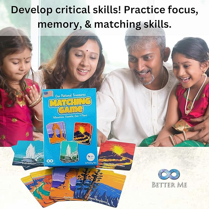 Better Me Our National Treasures Matching Game for Ages 3 & Up A Fun & Fast USA National Parks Memory Game for Kids. Yosemite, Yellowstone, Arches, Denali and More