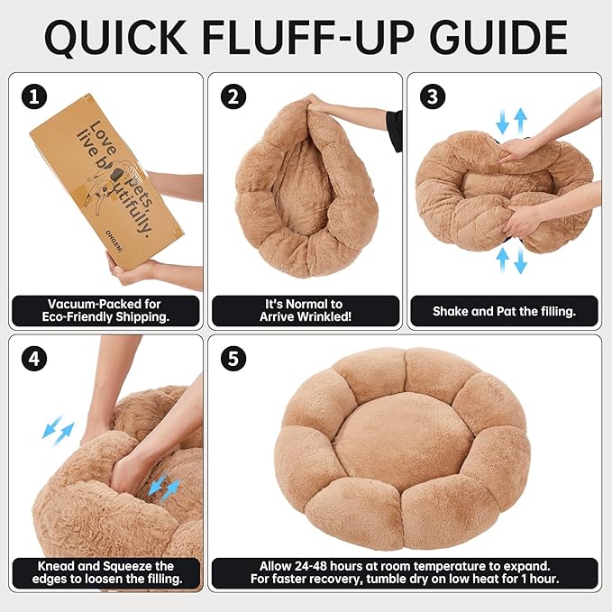 OhGeni 31 inches Calming Donut Orthopedic Dog & Cat Bed for Medium Pets, Warming Comfort Fluffy Short Pile Fur, Durable Waterproof Machine Washable Removable Cover, Cute Round Bed for Puppy, Camel