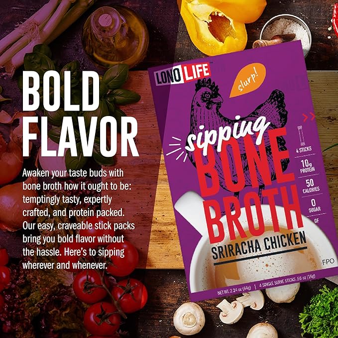 LonoLife Sriracha Chicken Bone Broth Powder Mix | 10g Protein | Collagen-Rich, Keto & Paleo Friendly | Natural Ingredients | 10 Portable Stick Pack Servings