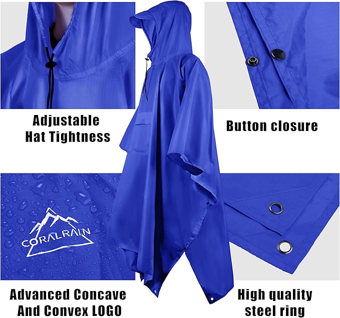Coralrain Hooded Rain Poncho Lightweight Waterproof Unisex Raincoat Jacket with Pocket for Men Women Adult