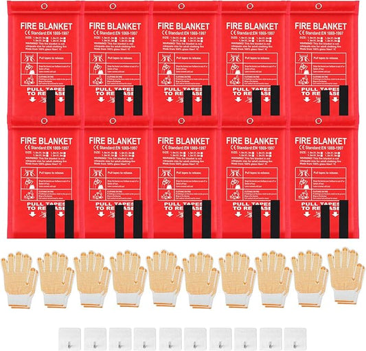 10 Pack Bulk Emergency Fire Blankets for Home and Kitchen with Fireproof Gloves & Hooks Safety Flame Suppression Fire Extinguisher for Camping House Warehouse Car 39.4"x39.4", Housewarming Gifts