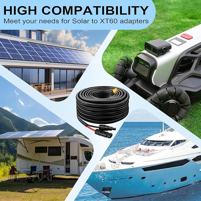 Solar to XT60 Cable 10AWG 25FT Solar Connector to XT60 Adapter Cable for Solar Panel to Battery RV Portable Power Station Solar Generator - 25 Foot