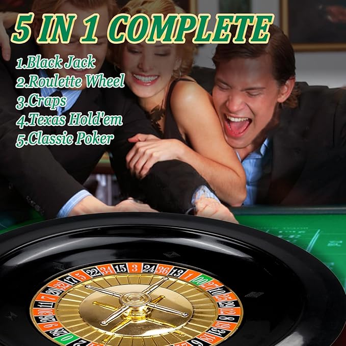 5 in 1 Super Casino Game Set: Blackjack/Roulette/Craps/Texas Hold'em/Poker Kit with Shoe+Discard Tray+360 Chip+8 Deck Card+Roulette Wheel+2 Felt+Stratedgy Card+Chip Rake, Casino Poker Set