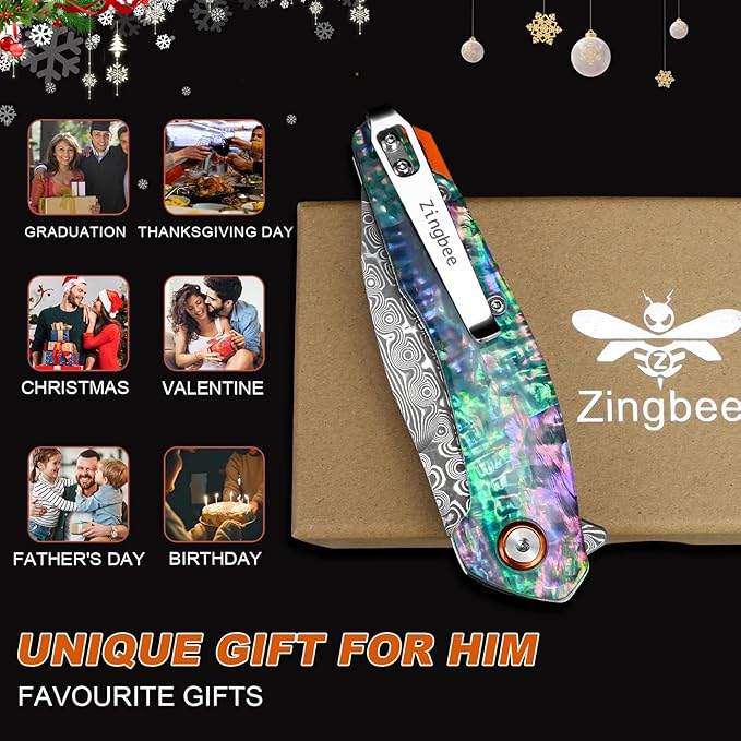 Damascus Pocket Knife, 3.03" VG10 Damascus Steel Blade Folding Knife with Abalone Shell Handle, EDC Camping Knives for Outdoor Indoor, Gifts for Women Men