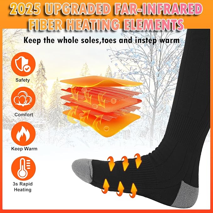 Heated Socks for Men Women Warm Thermal 5V 5000mAh Unisex Electric Rechargeable Battery Heat Socks with 4 Heating Levels for Winter Outdoor Camping Motorcycle Skiing Foot Warmer
