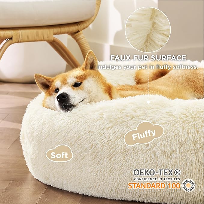 Bedsure Calming Dog Bed for Medium Dogs - Donut Washable Medium Pet Bed, Anti-Slip Round Fluffy Plush Faux Fur Cat Bed, Fits up to 45 lbs Pets, Ivory Beige, 30 inches