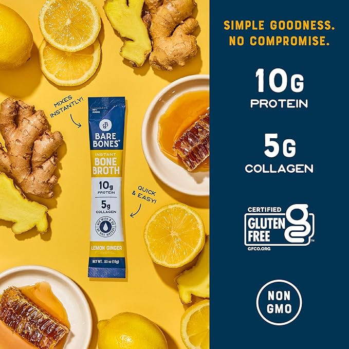 Bare Bones Bone Broth Instant Powdered Mix, Lemon Ginger, Pack of 8, 15g Sticks, 10g Protein, Keto & Paleo Friendly Bone Broth Packets