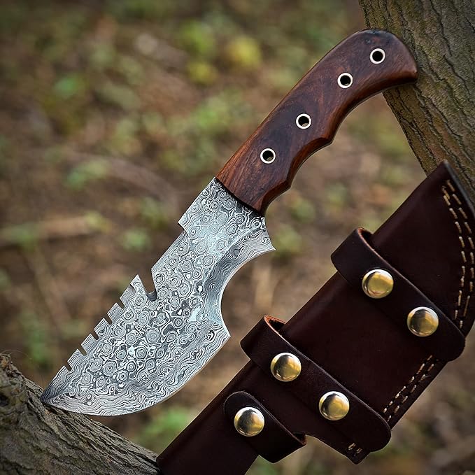 9.5" Handmade Damascus Knife with Leather Sheath | Elite Outdoor Companion | Damascus Steel Blade with Wood Handle | Dark Brown Handle with Sheath Included | Unparalleled Camping Performance