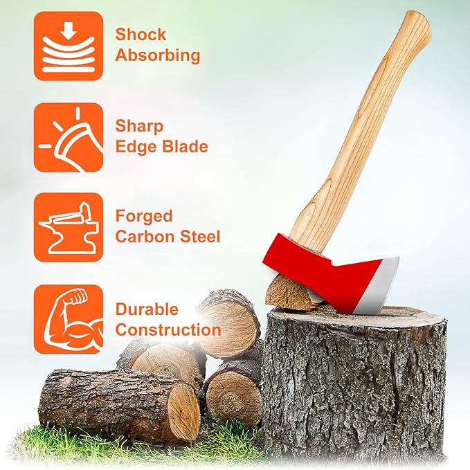 15” Chopping Axe with Sheath, Small Camping Hatchet Hand Axe for Wood Splitting, Outdoor Bushcraft Axe Tools for Hiking Gardening with Anti-Slip Handle