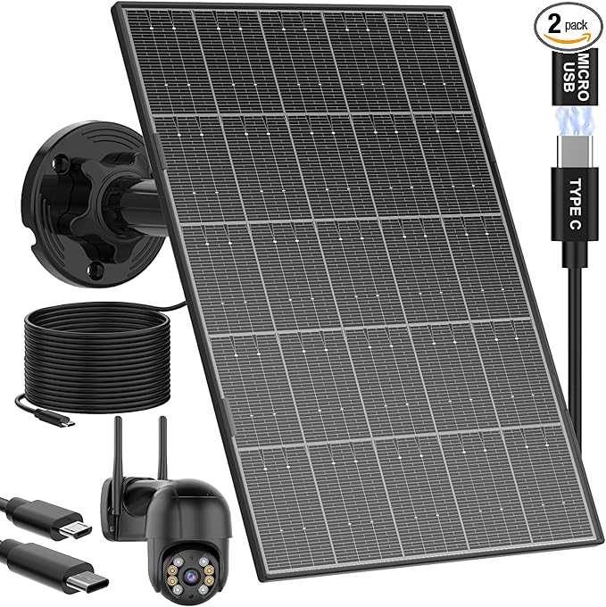 (2 Packs) 8W Solar Panel for Security Camera, Micro USB & USB-C Port Security Camera Solar Panel, IP65 Waterproof & High Conversion Rates Solar Panels for Cameras with Rechargeable Battery