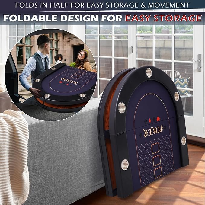 Poker Table Foldable, 8/10 Player Folding Poker Tables with Casino Grade Felt, Padded Rails & Cup Holders, Portable Poker Table for Texas Holdem (84 Inch-Black & Navy Blue)