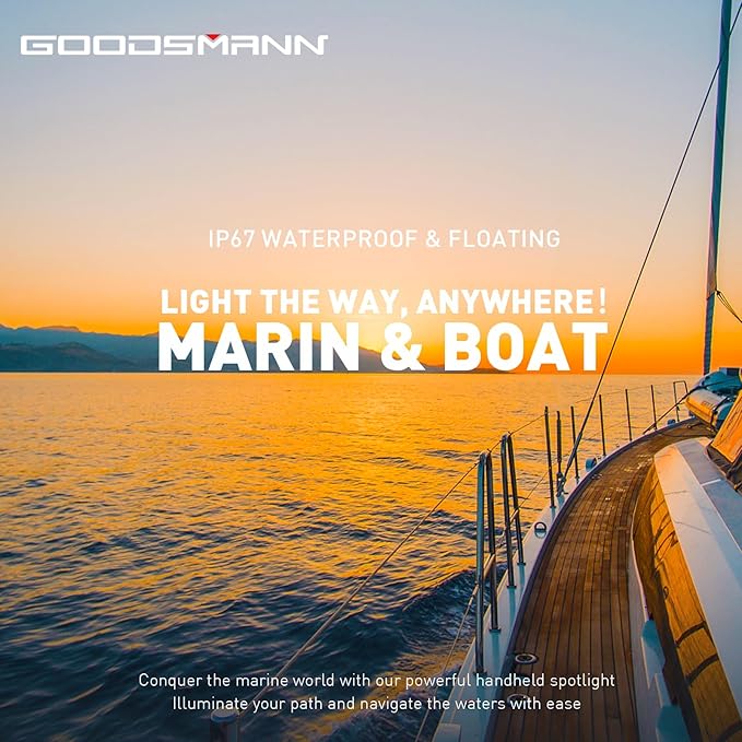 GOODSMANN Rechargeable Spotlight IP67 Waterproof Marine Spotlights up to 4500 Lumen Handheld Light LED Searchlight with EVA Storage Carrying Case and USB Charger for Hiking, Boating, Hunting, Camping
