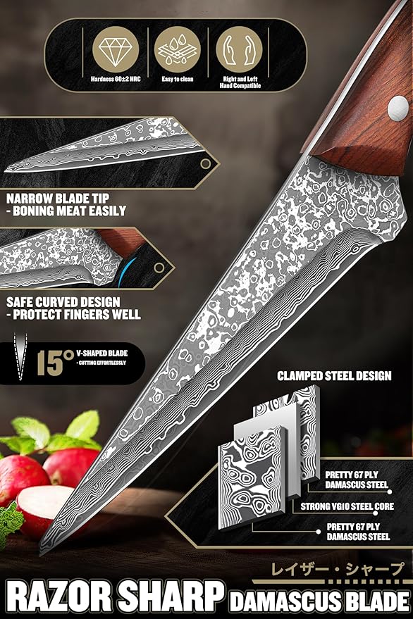 ROCOCO Boning Knife for Meat Cutting Deboning Slicing Trimming knife Fish Fillet Knife for Kitchen Camping BBQ Birthday Mothday's Day Gift 5.3"