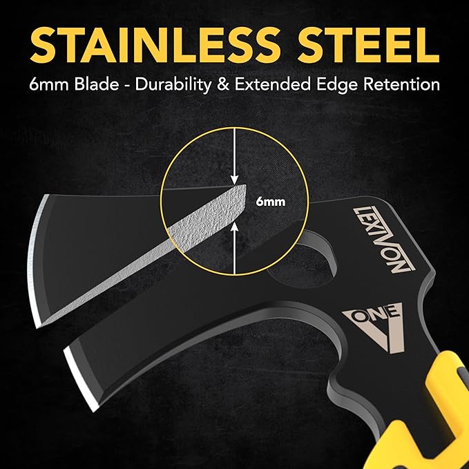 LEXIVON V-ONE Survival Hatchet, 9.5" Full Tang Lightweight Axe | 6mm Stainless Steel Electro-Black Finish Blade, Ergonomic Bi-Material Grip Handle | Protective Slim Sheath Included (LX-VONE-PP)
