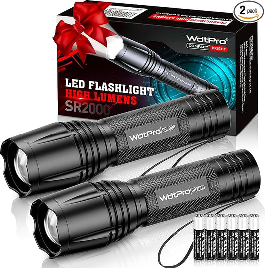 WdtPro LED Flashlight High Lumens SR2000 Pro, 2 Pack Brighter Tactical Flashlights with 5 Modes & Zoomable, Powerful Mini Flash Light for Emergency, Camping, Hiking (Black)