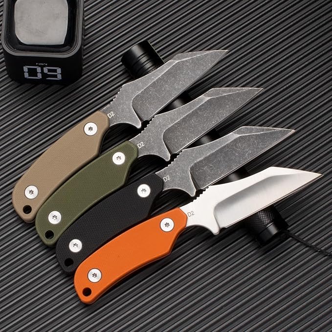X-WH EDC Horizontal Carry Neck Knife wtih Clip Fixed Blade Knife with Kydex Sheath, D2 Steel Blade Full Tang small Wharncliffe Knife G10 Handle, (Khaki)