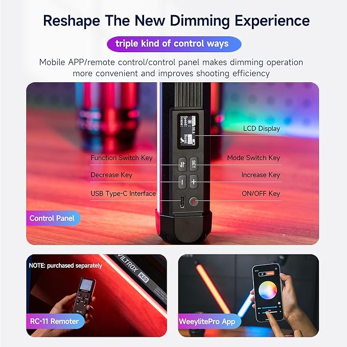 VILTROX K60 2 Pack Large Handheld Stick Light, 32Wh Rechargeable Battery 20W 1950lm RGB LED Video Light w PD Fast Charging CRI 97+ 2500K-8500K LCD Display, 22.8" Tube Light for Photography Light Wand