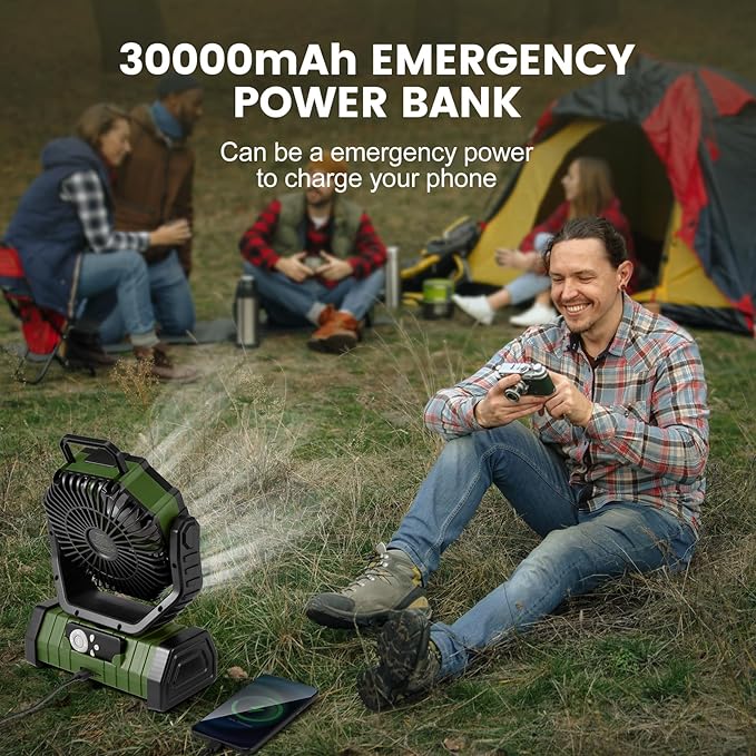 Odoland 30000mAh Camping Fan with LED Lantern, Rechargeable Battery Operated Oscillating with Remote Hook, Portable Tent Fan with Timer, 4 Speeds for Outdoor RV Jobsite Power Outage, Green