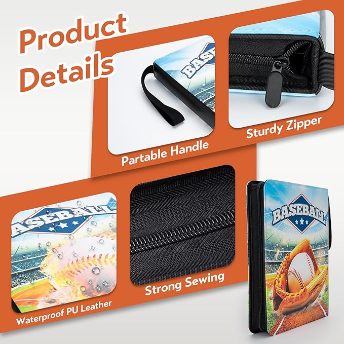 9 Pockets Trading Sports Card Binder with Sleeves, 50 Removable Pages, 3 Ring Zipper Binder Collectable Card Book Album with Strap, Compatible with 2025 Topps Baseball Cards(Baseball Glove)