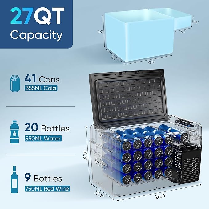 12 Volt Refrigerator - 27QT(25L) Portable Refrigerator 50Hours Still Keep Cool, Electric Cooler APP Control -4℉~68℉, Car Refrigerator 12/24V DC 100-240V AC for Travel Camping Truck RV Boat