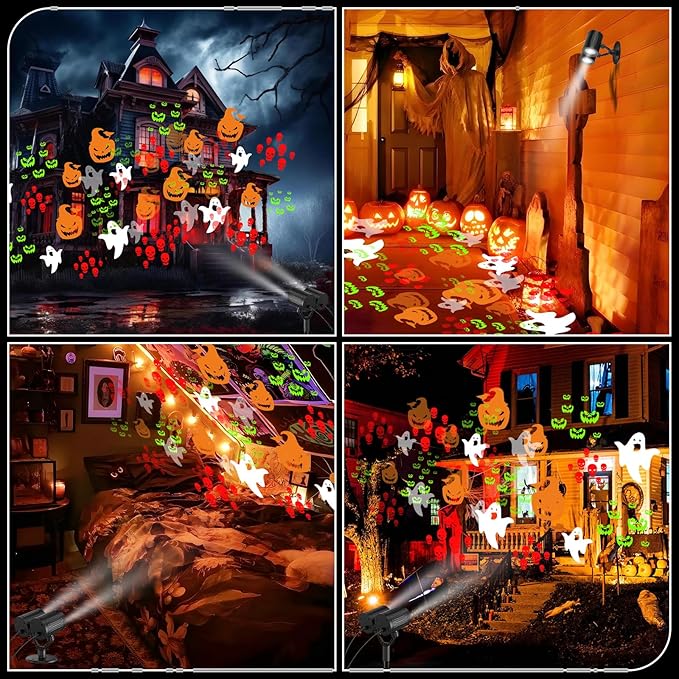 Double Head Halloween Projector Lights Outdoor with Timer,IP65 Waterproof Dynamic Halloween Ghost Skeleton Pumpkin Devil Face Lights for Home Window Wall Decor