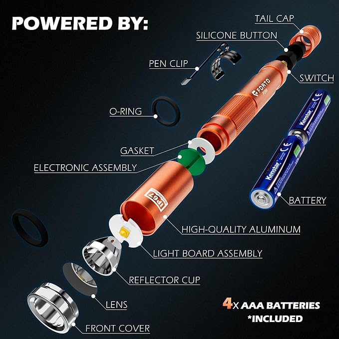 FORTO 3 Pack Pen Light 200 Lumen Pocket Flashlight, IP67 Waterproof and 2 Modes, with AAA Batteries Handheld Flash Lights for Inspection, Emergency(Orange)