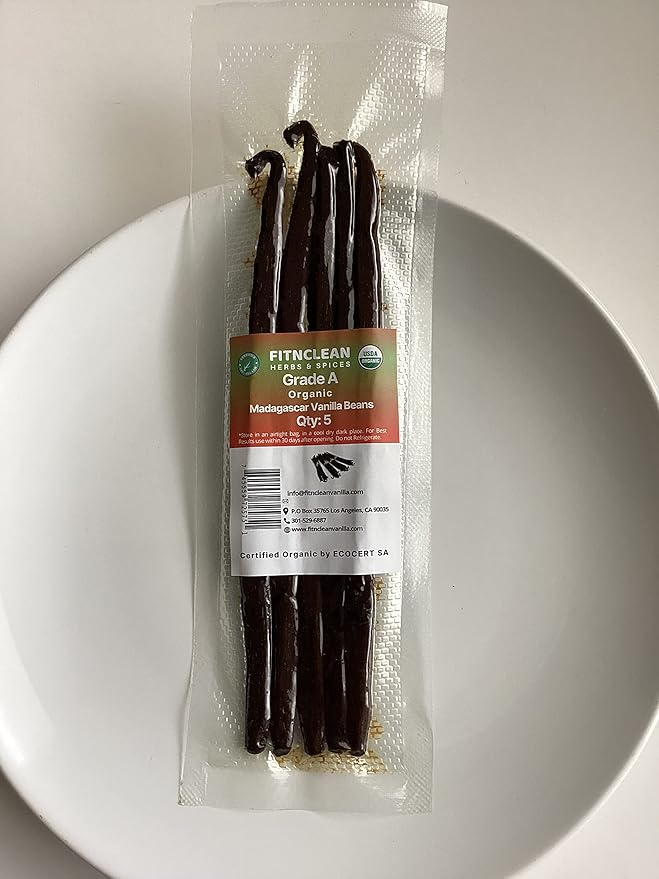 5 Organic Madagascar Vanilla Beans Grade A. Certified USDA Organic. 6"-7.5" Fresh by FITNCLEAN VANILLA for Extract, Paste, Cooking and Baking. NON-GMO Whole Pods