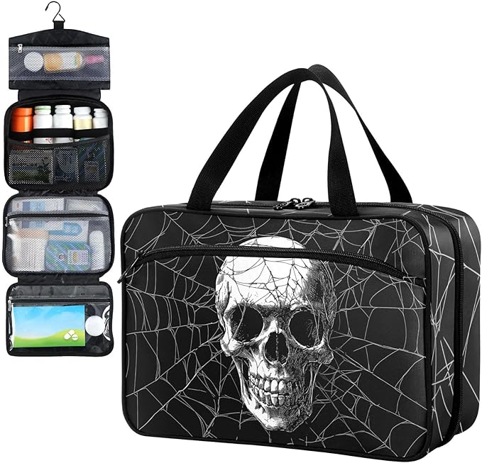 Fustylead Hand Draw Human Skull on Spider Web Travel Pill Bottle Organizer Large Home Storage Medication Bag with Zipper for Vitamins, First Aid, Fish Oil, Medical Supplies