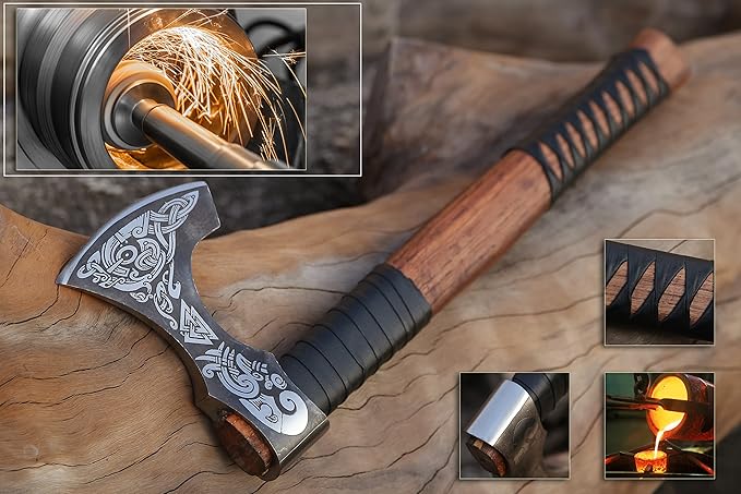 Viking Axe – 19 Inch Rosewood Handle Camping with Leather Sheath, Throwing Axes and Tomahawks, Wood Splitting Axe, Bushcraft - Gift for Father’s Day, Husband (Erik) BLACK