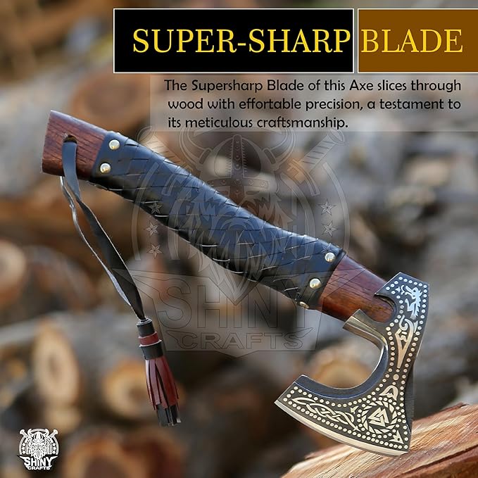 SHINY CRAFTS®- Engraved Viking Axe – Gift for Outdoorsman Hand-Forged Hatchet with Leather Wrap Ideal for Holiday or Wedding Gifts (SCA-10)