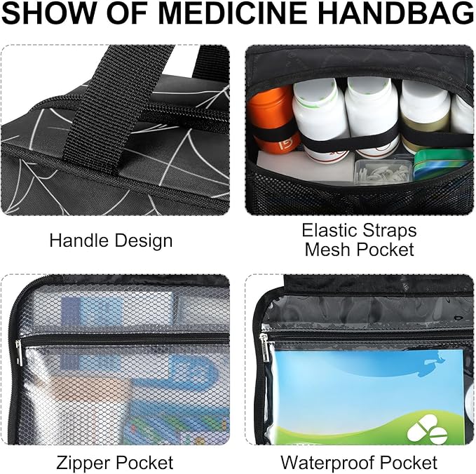 Fustylead Hand Draw Human Skull on Spider Web Travel Pill Bottle Organizer Large Home Storage Medication Bag with Zipper for Vitamins, First Aid, Fish Oil, Medical Supplies