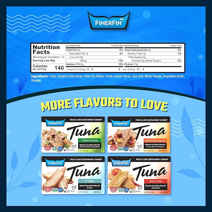 FinerFin Yellowfin Tuna Salad in Organic Olive Oil | Zesty Lemon Flavor | Premium Canned Tuna Fish with EVOO | Gourmet Ready-to-Eat Wild-Caught Fillets | 4.4oz can - 6 Pack