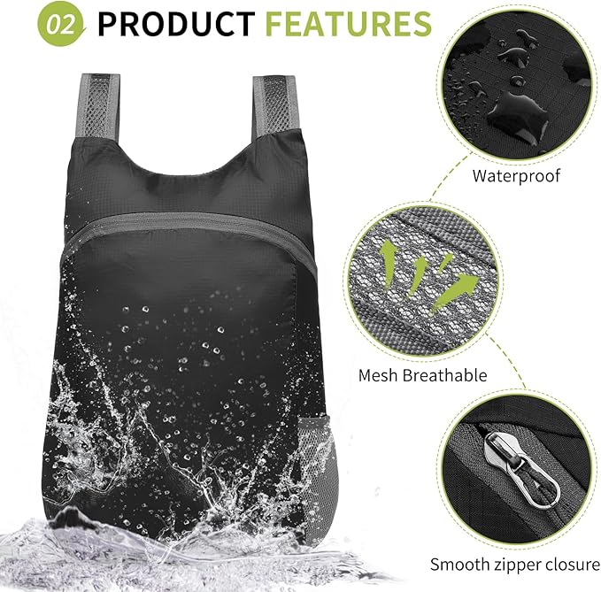 20L Ultra Hiking-Daypack Lightweight Foldable Travel Packable Backpack for Camping Cycling Outdoor,black