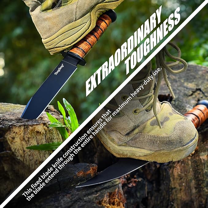 Fixed Blade Knife, 8.0??Black Titanium PVD Coating DC53 Steel Blade Hunting Knives with Leather Sheath, Ergonomic Handle Bushcraft Bowie Knife for Camping, Hiking