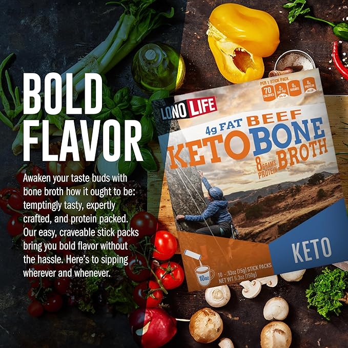 LonoLife Keto Beef Bone Broth Powder Mix | Grass-Fed, 10g Protein | Collagen-Rich, Keto & Paleo Friendly | Natural Ingredients | 24 Portable Stick Pack Servings