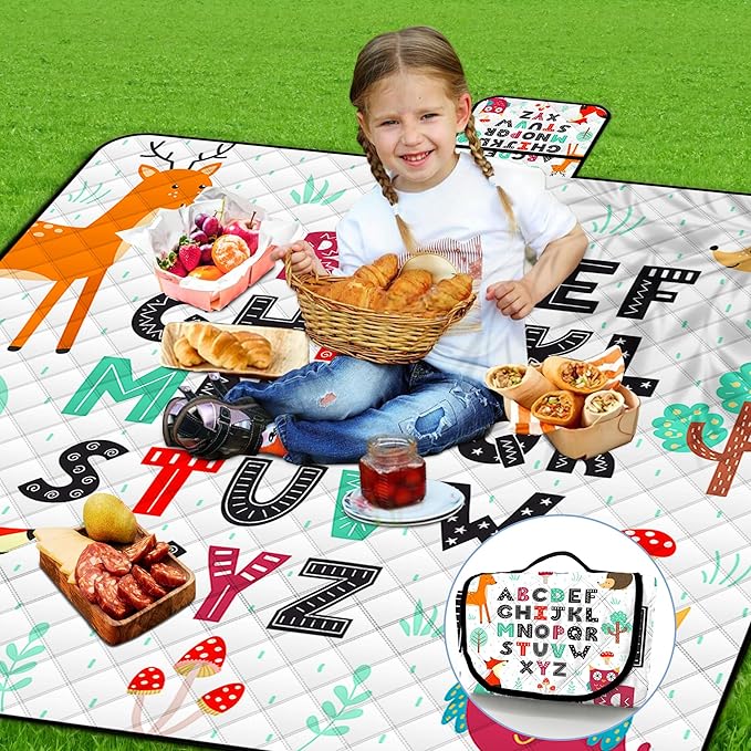 Poedist Extra Large Picnic Blanket Waterproof,80"x 80"Foldable Machine Washable Beach Blanket,Outdoor Blanket for 6-8 Adults,Suitable for Indoor Crawling,Park Beach,Camping,Hiking,Family Travel(ABC)