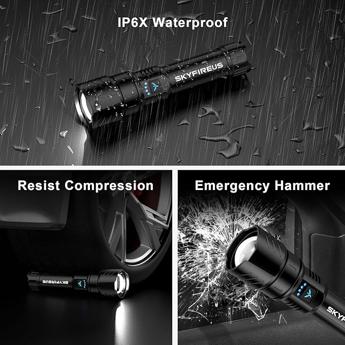 SKYFIRE LED Flashlight High Lumens,2000lm Super Bright Rechargeable Flashlight,Zoomable,Four Modes,Waterproof Flash Light for Camping Essentials,Outdoor and Home Emergencies&Gifts-No Lens