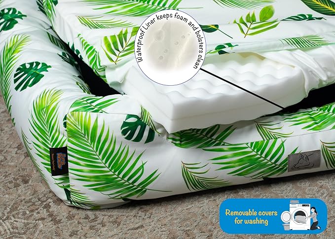 Furry's Paradise Foam Cuddler Waterproof Bolster Pet Bed with Reversible Cushion, Recycled Fibers and Non-Slip Bottom. (in The Tropics, Orthopedic Small)