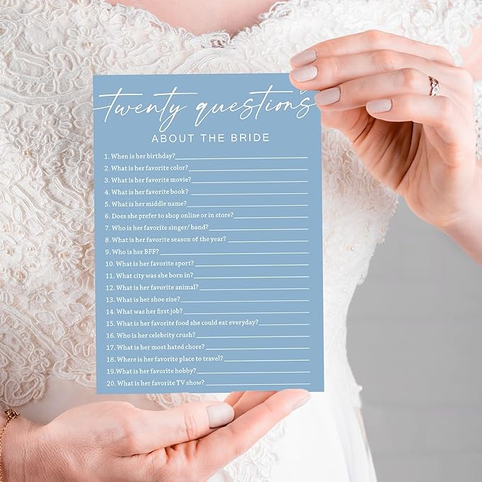 Bridal Shower Games Cards, Twenty Questions About The Bride, Bridal Shower Games 25 Guests, Engagement Party Wedding Games for Guests, Minimalist Blue Wedding Party Supplies - B05